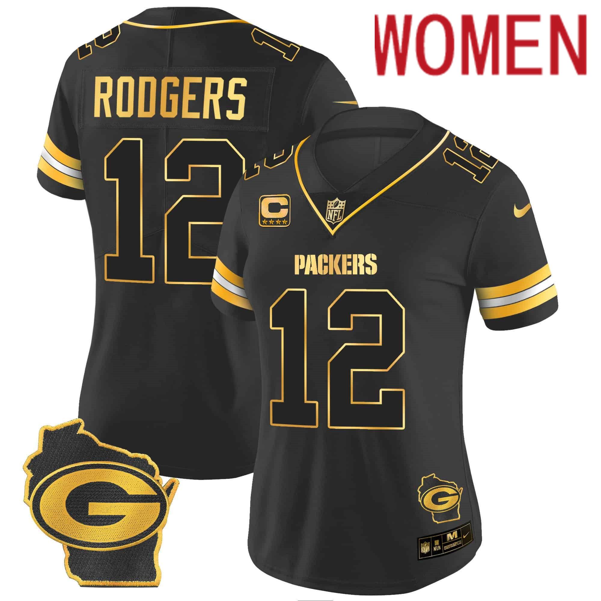Women Green Bay Packers #12 Rodgers Black Gold 2024 Nike Home Patch Vapor NFL Jersey style 2